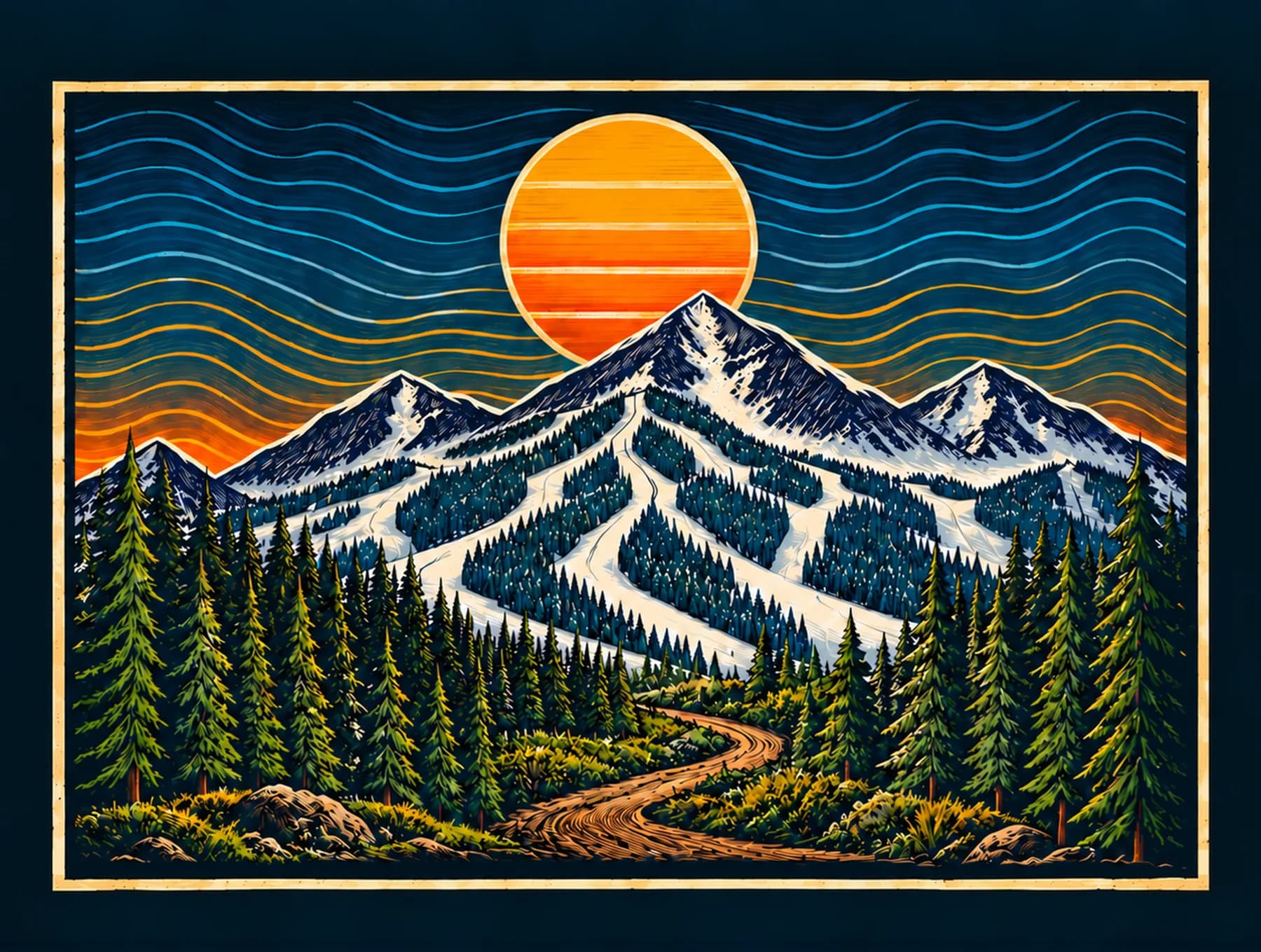 Imperial Ski & Bike illustrated logo with snowy mountains, evergreens, a winding trail, and an orange sun